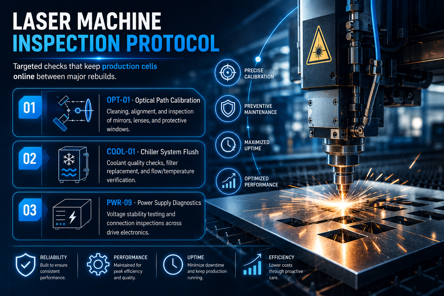 Laser machine inspection protocol covering optical path calibration, chiller flush, and power supply diagnostics