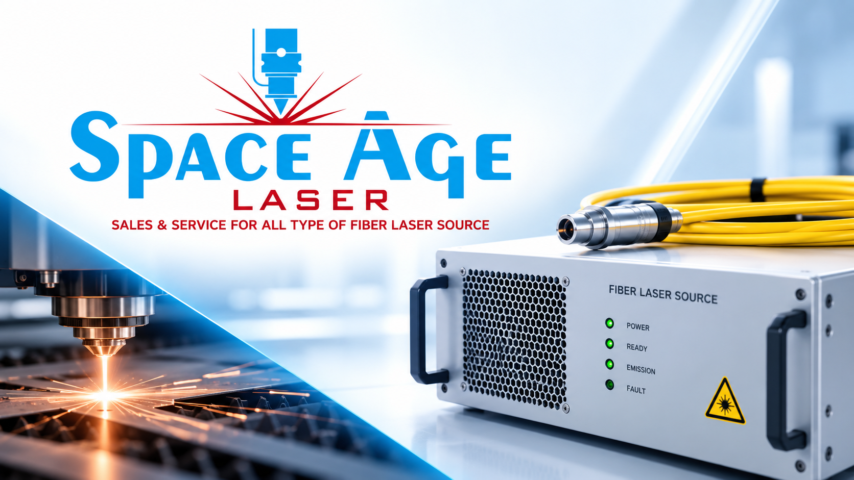 Space Age Laser fiber laser source unit and industrial laser cutting in action